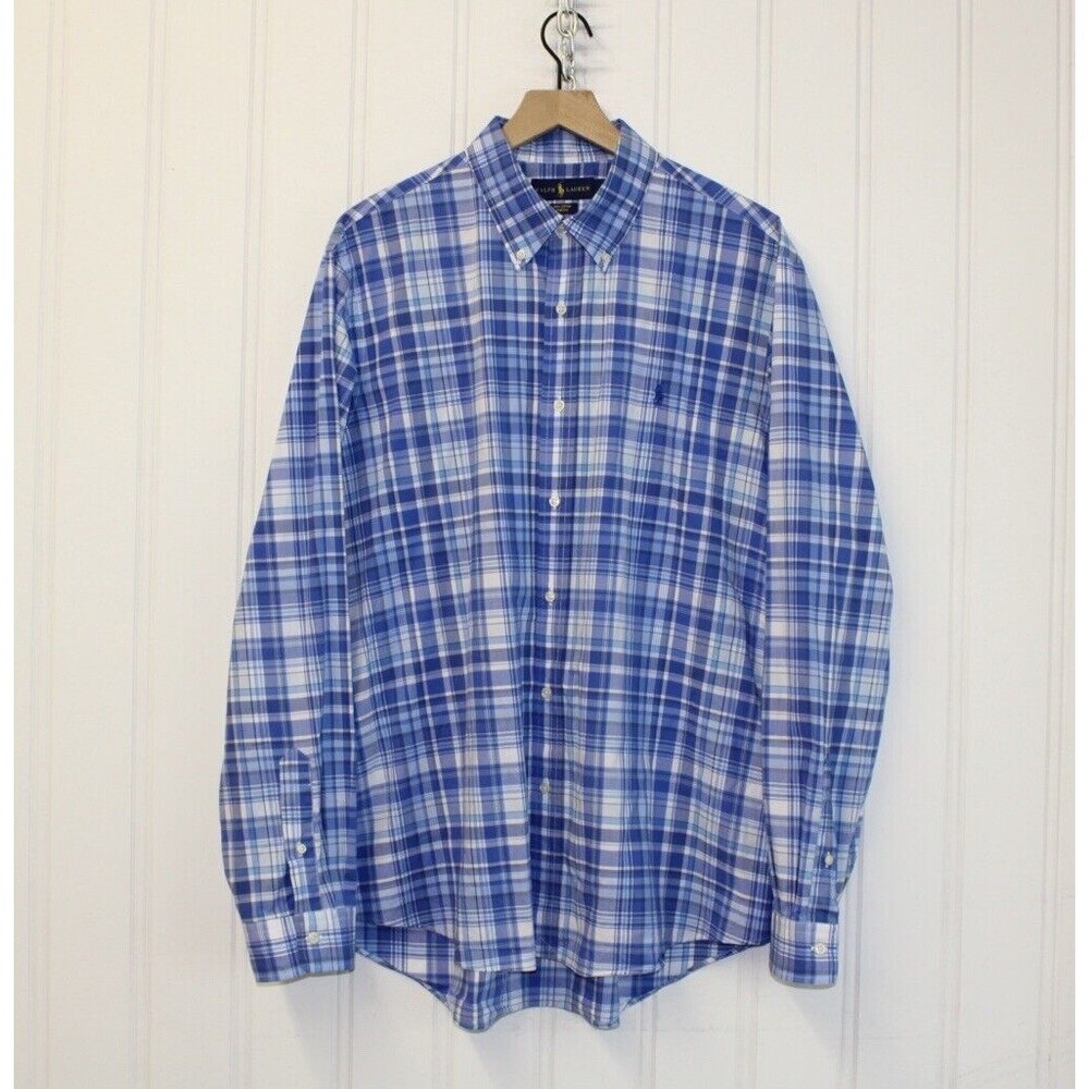 Ralph Lauren Blue Pony Plaid Long Sleeve Button Down 100% Cotton Preppy Size XL